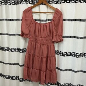 Trixxi Rose Pink Tiered Smocked Square Neck Puff Sleeve Mini Dress Size S